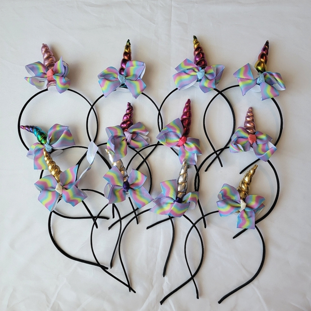 Pack of 12 Rainbow Unicorn Horn and Bow Headbands